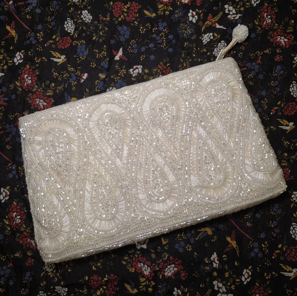 Vintage White Beaded Clutch Evening Bag